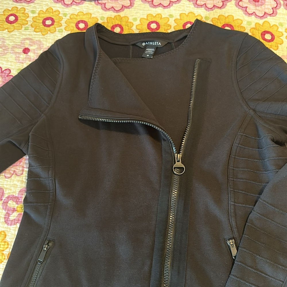 Athleta Black Moto Style Long Sleeve Fleece Full Zip Jacket Size M